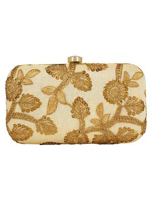 Ethnique Embroidered Party Clutch Bag Beige & Gold 3