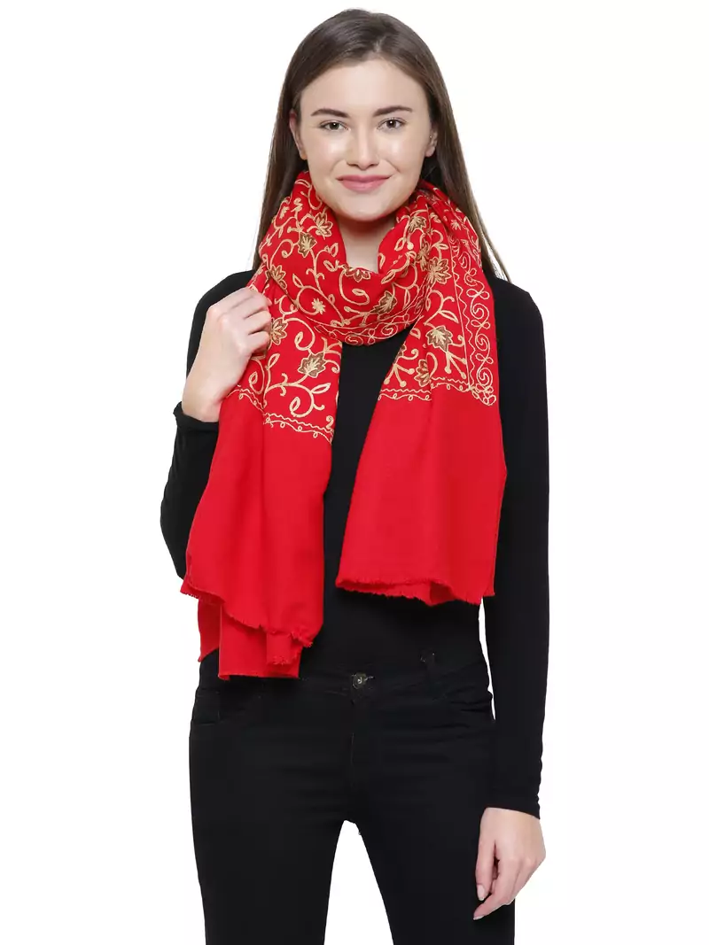 Red Viscose woolen Floral Embroidered Shawl