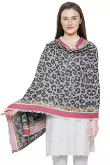 Grey and Black Cotton Viscose  Animal Woven Design Shawl