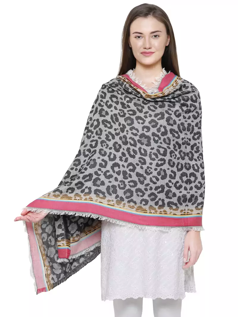 Grey and Black Cotton Viscose  Animal Woven Design Shawl