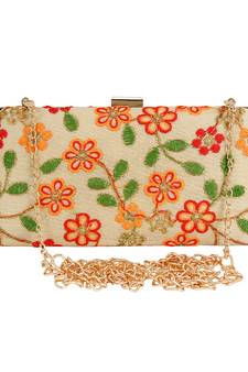 Ethnique Embroidered Party Clutch Bag Beige & Multi
