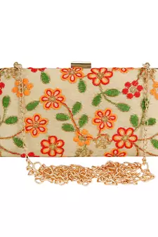 Ethnique Embroidered Party Clutch Bag Beige & Multi