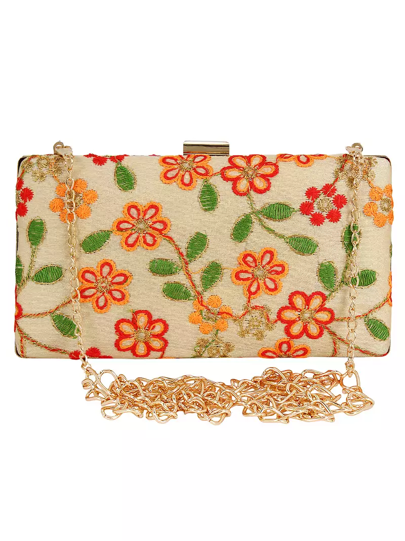 Ethnique Embroidered Party Clutch Bag Beige & Multi