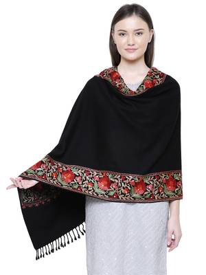 Black & Multicolour Viscose wool Floral Embroidered Shawl 1