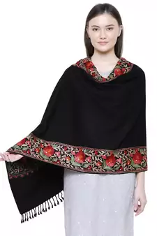 Black & Multicolour Viscose wool Floral Embroidered Shawl