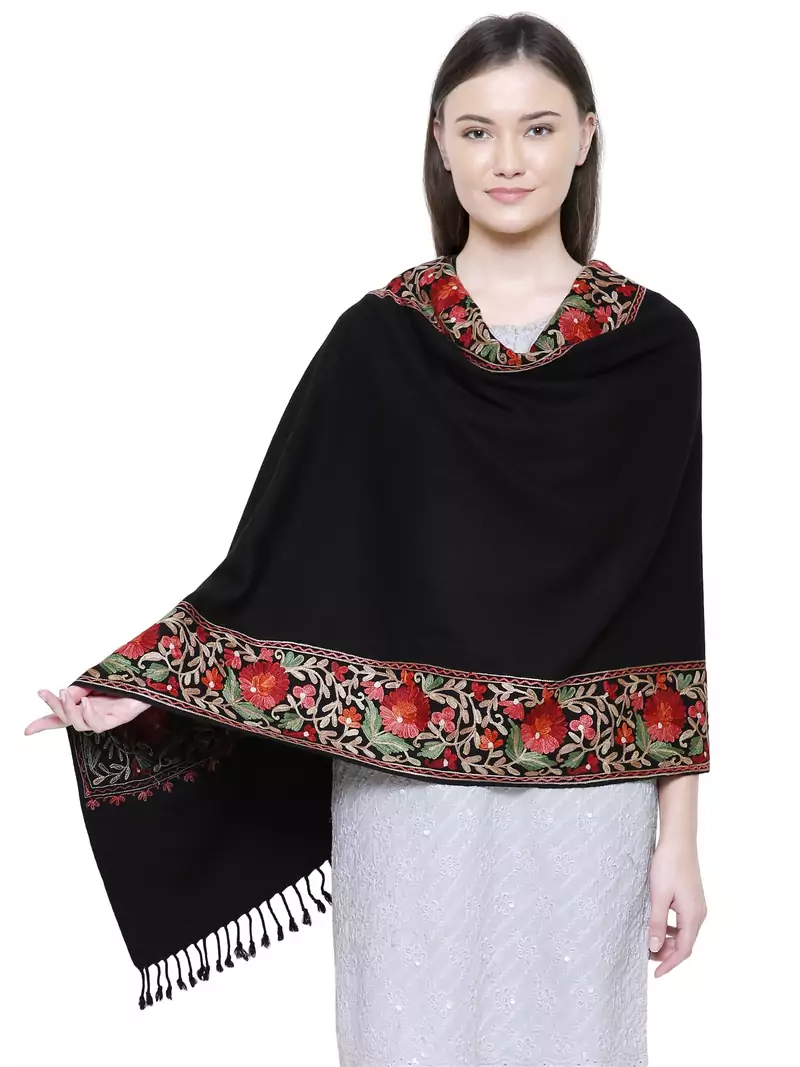 Black & Multicolour Viscose wool Floral Embroidered Shawl