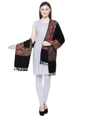 Black & Multicolour Viscose wool Floral Embroidered Shawl 2