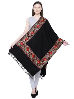 Black & Multicolour Viscose wool Floral Embroidered Shawl 3