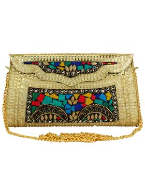 Jewel Mosaic Design and Embelished Party Clutch Bag Gold and Multi 1