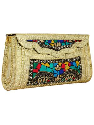 Jewel Mosaic Design and Embelished Party Clutch Bag Gold and Multi 2