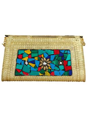 Jewel Mosaic Design and Embelished Party Clutch Bag Gold and Multi 3