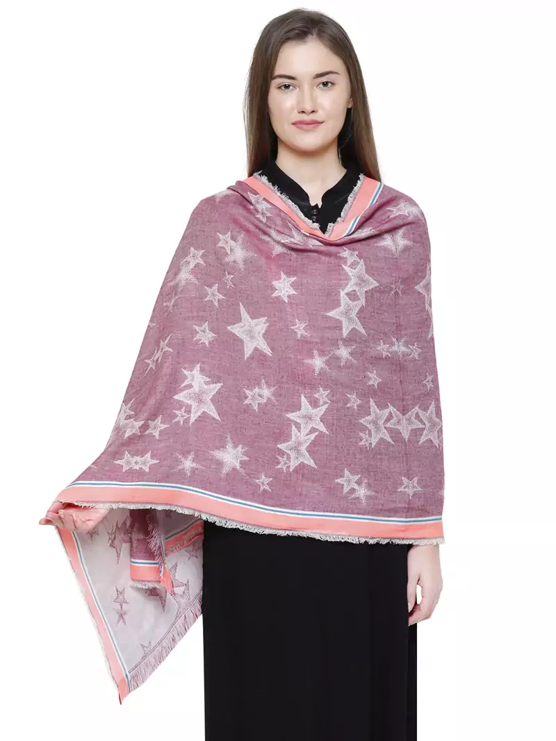Pink Cotton Viscose Star Woven Design Shawl