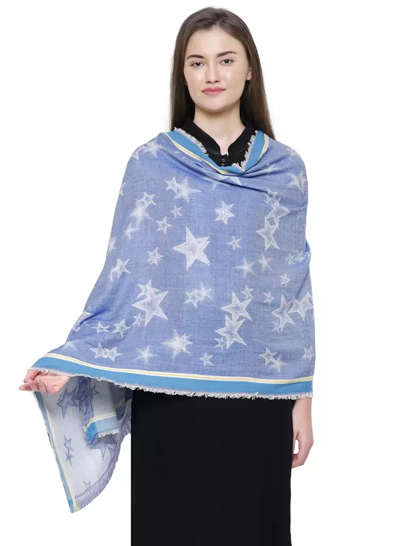 Blue Cotton Viscose Star Woven Design Shawl