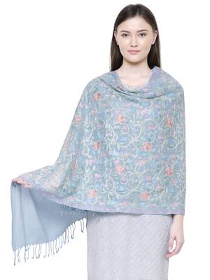 Light Blue and Multi Floral  Embroidered Woolen Shawl 1