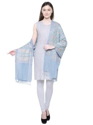 Light Blue and Multi Floral  Embroidered Woolen Shawl 2