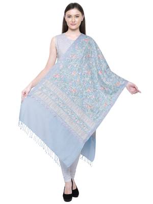 Light Blue and Multi Floral  Embroidered Woolen Shawl 3