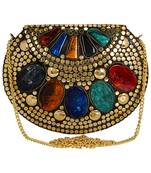 Jewel Mosaic Design Metal Work Party Clutch Bag Gold and Multi