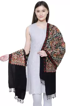 Black & Multicolour Floral Embroidered Woolen Shawl