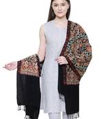Black & Multicolour Floral Embroidered Woolen Shawl