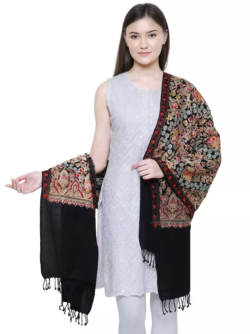 Black & Multicolour Floral Embroidered Woolen Shawl
