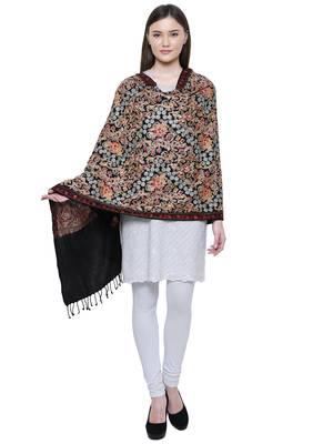 Black & Multicolour Floral Embroidered Woolen Shawl 2