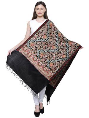 Black & Multicolour Floral Embroidered Woolen Shawl 3