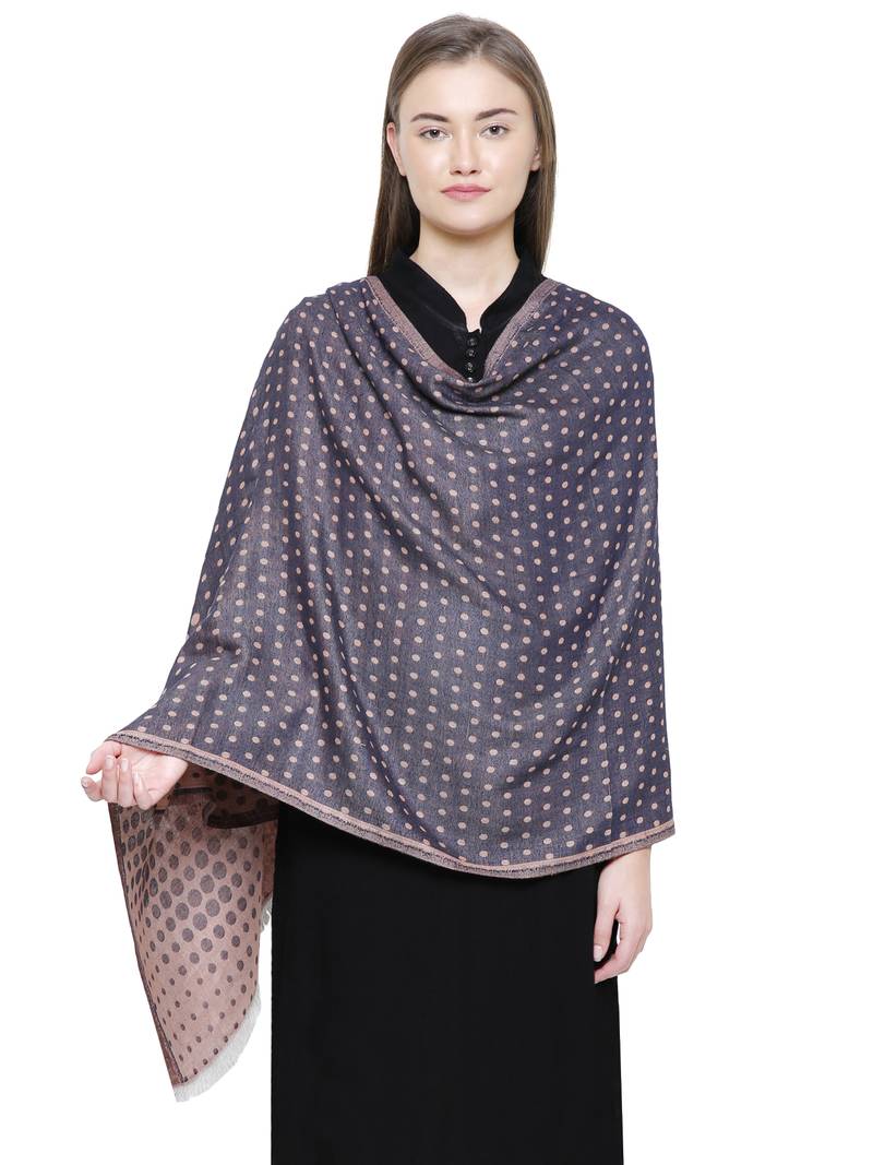 Navy & Peach Cotton Viscose Polka Dot Woven Design Shawl