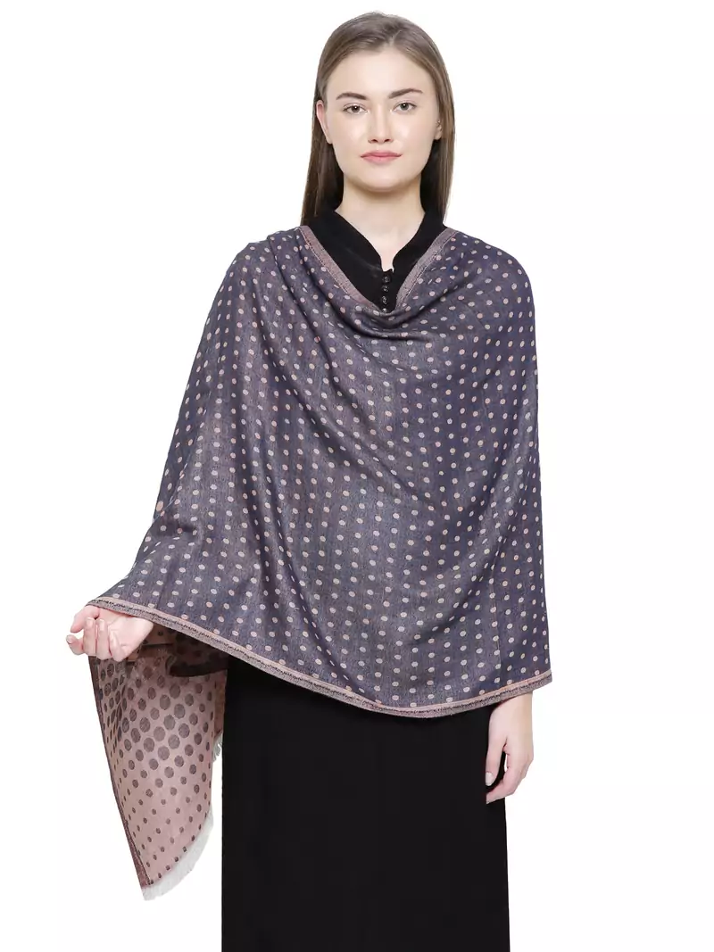 Navy & Peach Cotton Viscose Polka Dot Woven Design Shawl
