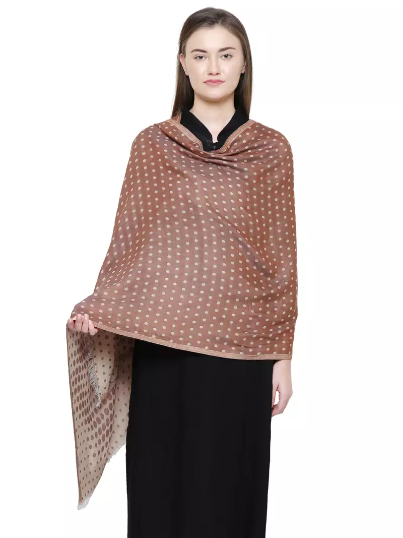 Brown & Beige Cotton Viscose Polka Dot Woven Design Shawl