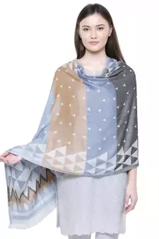 Grey & Multicolour Viscose Rayon Geometric Woven Design Shawl