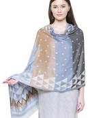 Grey & Multicolour Viscose Rayon Geometric Woven Design Shawl