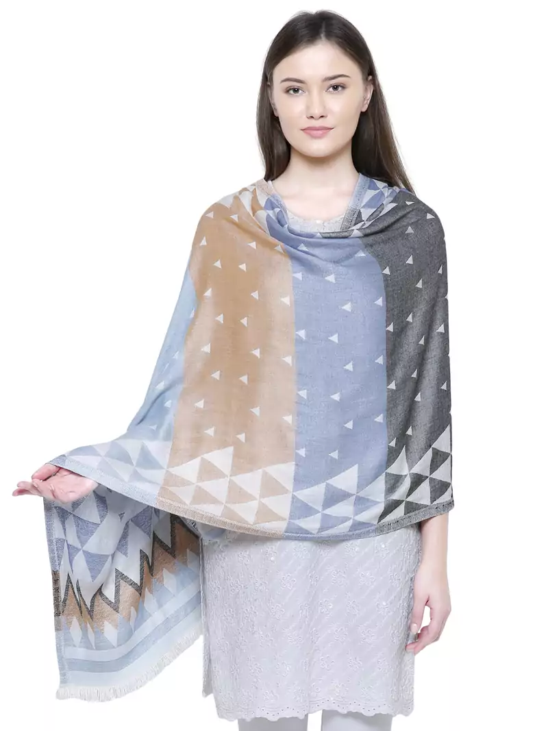 Grey & Multicolour Viscose Rayon Geometric Woven Design Shawl