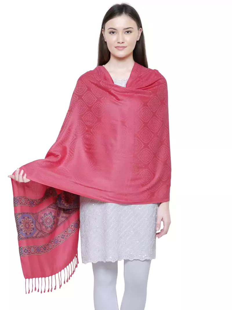 Pink Viscose Rayon Geometric Woven Design Shawl