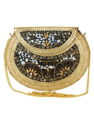 Jewel Mosaic Design Stone Work Party Clutch Bag Gold and Multi 1