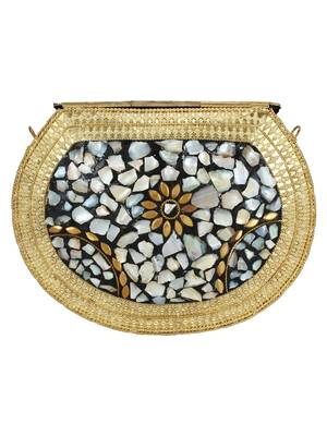 Jewel Mosaic Design Stone Work Party Clutch Bag Gold and Multi 3