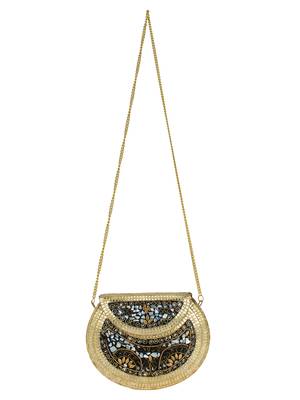 Jewel Mosaic Design Stone Work Party Clutch Bag Gold and Multi 4