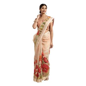 Beige printed linen saree with blouse 1