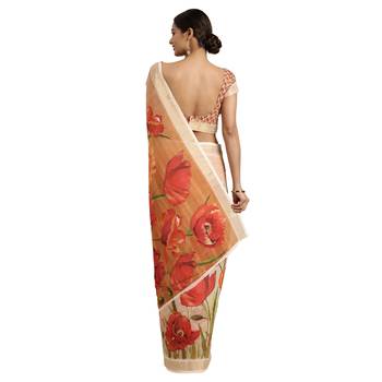 Beige printed linen saree with blouse 2
