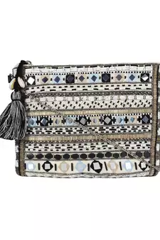 Glitzy Black And Beige Jacquard Sling Bag