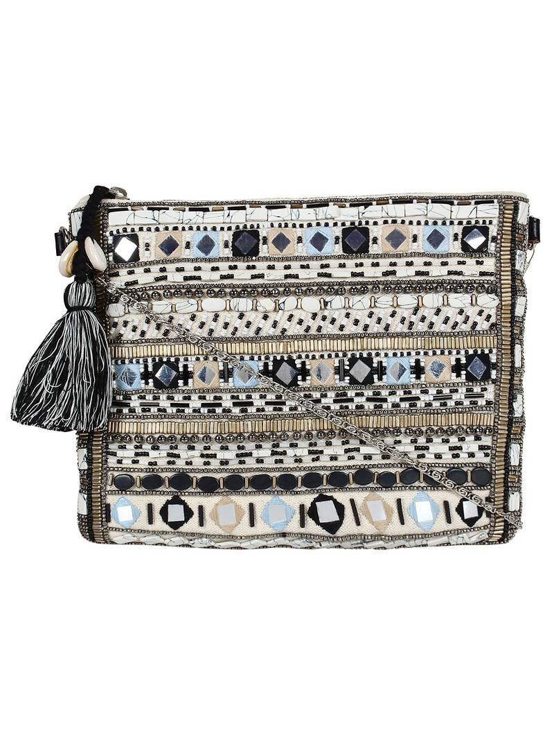 Glitzy Black And Beige Jacquard Sling Bag