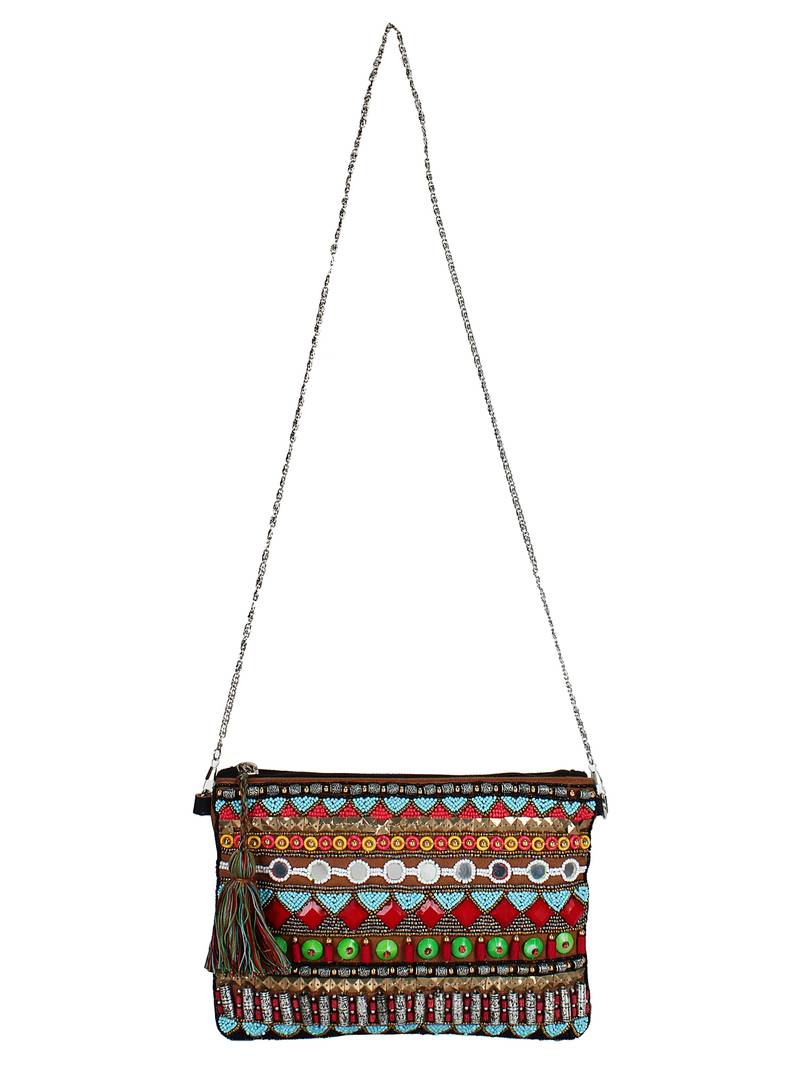 Glitzy Multicolour Jacquard Sling Bag - Anekaant - 2981456