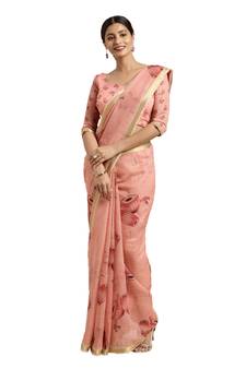 Red Printed Linen Saree With Blouse