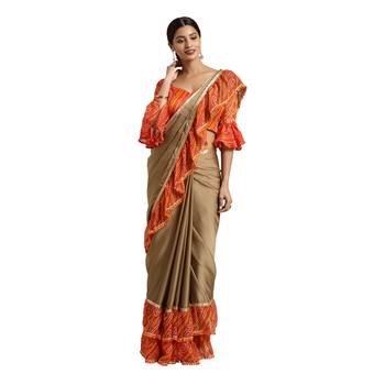 Brown printed chiffon saree with blouse 1