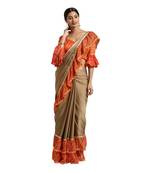 Brown printed chiffon saree with blouse