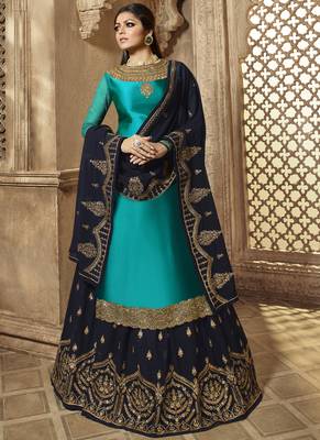 Turquoise Embroidered Georgette Kameez With Skirt 1
