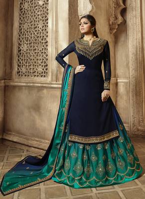 Blue Embroidered Georgette Kameez With Skirt 1