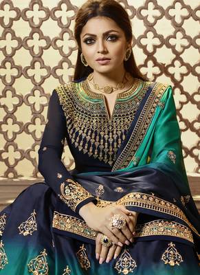 Blue Embroidered Georgette Kameez With Skirt 3