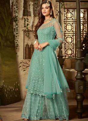Sky-blue sequins net kameez with sharara 1