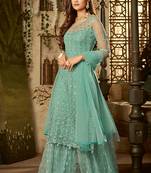 Sky-blue sequins net kameez with sharara