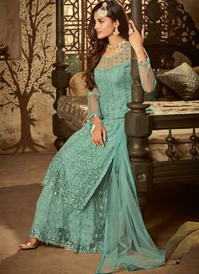Sky-blue sequins net kameez with sharara 2
